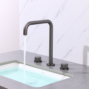 Grifo de lavabo de tres orificios giratorio de cobre cepillado dorado, con doble manija y base de <span class=keywords><strong>roca</strong></span>, juego de tres piezas <span class=keywords><strong>para</strong></span> <span class=keywords><strong>baño</strong></span> - Product Image 4