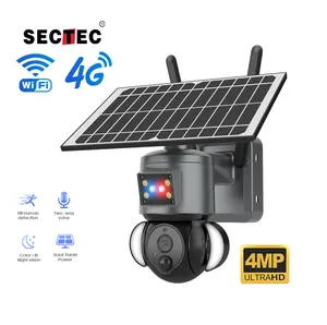 2024 Sectec 6W 2K Batería solar HD 4MP 4G Cámara solar Alarma roja y azul Cctve Cámara de vigilancia de seguridad para exteriores