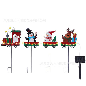 Train de Noël à énergie solaire avec piquets lumineux, décorations de jardin extérieures multicolores à LED avec Père Noël, pingouin, bonhomme de neige et renne - Product Image 1