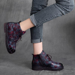รองเท้าบูทส้นแบนแบบผูกเชือก สไตล์ชาติพันธุ์ย้อนยุค หนังวัวแท้ พื้นนุ่ม สีสันตัดกัน สำหรับผู้หญิง คอลเลคชั่นฤดูใบไม้ร่วง - Product Image 4