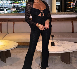 Viviblook D26JP280 Women Autumn New Solid Color Sexy Lace Hollow Drawstring Long Sleeved Slim Fit Casual One Piece Jumpsuit - Product Image 1