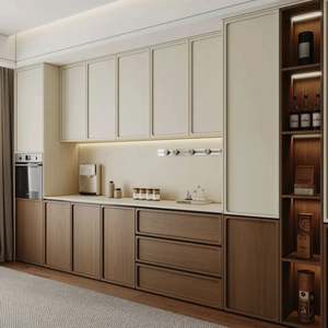 Ensemble de meubles de cuisine modulaire moderne de style européen, portes en bois massif, construction en panneaux mélaminés, dessus en marbre, montage mural, haut de gamme - Product Image 1