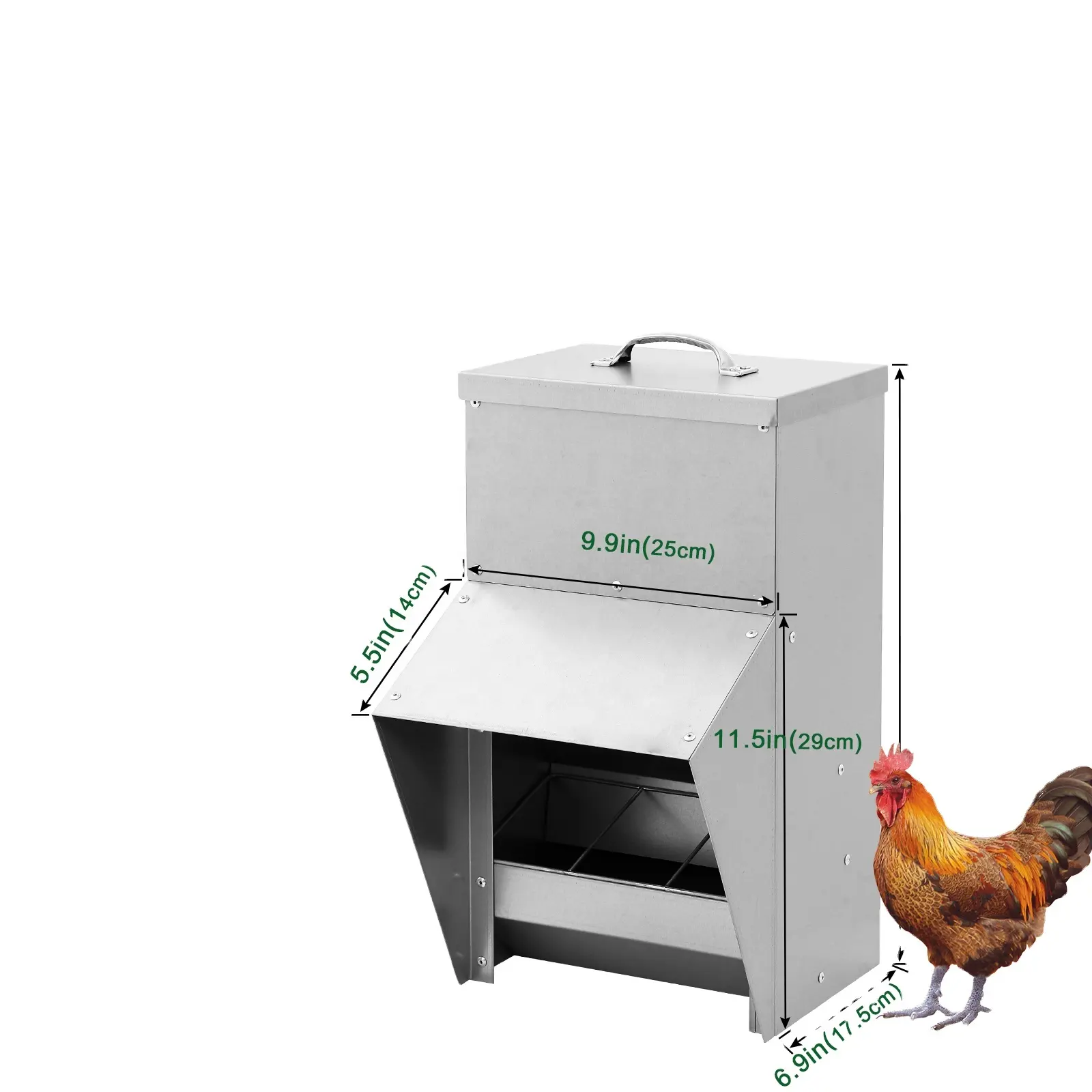 Gallinero resistente a la intemperie a prueba de ratas para colgar al aire libre, comederos de pollo de Metal galvanizado sin residuos con tapa inclinada para aves de corral