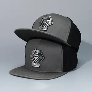 custom Flat Brim black 6 Panel Snap back baseball trucker Hats Gold Metal Plate Logo Snapback Caps