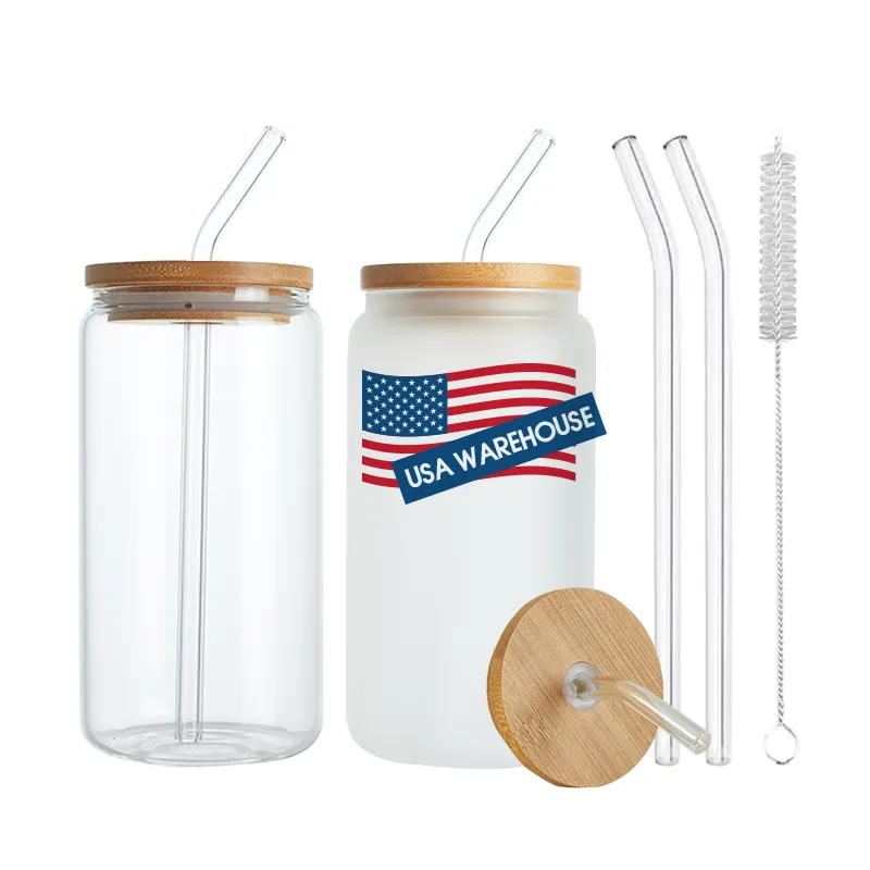 USA Warehouse 12oz 16oz 20oz Clear Frosted UV Sublimation Blanks Beer Can Shaped Glass Tumbler With Bamboo Lids And Glass Straws