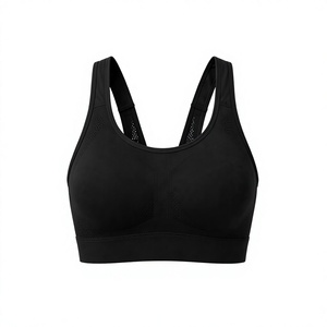 <b>Women</b> Black Ribbed Solid Seamless Sports Bra Scoop Neck Racerback Breathable <b>Mesh</b> Workout Yoga <b>Top</b> 2 Piece Set Front Logo - Product Image 1