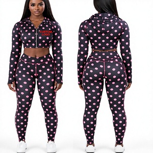 Custom Logo Women Black Pink Polka Dot <b>Crop</b> Zip Hoodie and High Waist <b>Leggings</b> 2 Piece Yoga Gym Fitness Set Polka <b>Leggings</b> Set - Product Image 1