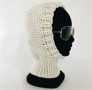 S8526 Solid Plain Patterns Cream Color Warm Ski Mask Handmade Crochet Windproof Hooded Balaclava Autumn Winter Hats for Women