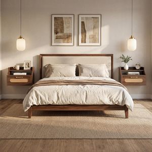 Mesita de Noche de Pared con Estante Superior Abierto, Cajón de Ratán con Tirador Dorado, MDF de Nogal Curvado en <span class=keywords><strong>3D</strong></span> - Product Image 3