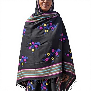Wholesale Black Viscose Embroidered Floral Shawl Striped Border Fringe Women Hijab Scarf OEM ODM Custom - Product Image 3