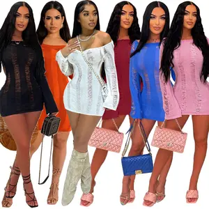 Summer Y2K Casual Women Long Sleeve Hollow Out Sexy Backless Halter Mini Jumper Ripped Knit Top Sweater Beach Dress