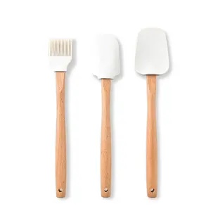 Silikon mutfak pişirme aletleri 3 adet ahşap saplı yapışmaz silikon kaşık Spatula Turner