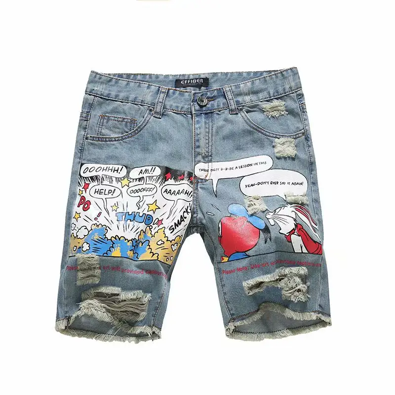 卸売高品質の若いスタイルのジーンズ漫画トレンドブランド破れた穴ショートパンツメンズデザイナージーンズ
