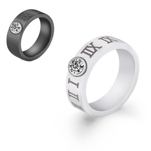 Ceramic Roman Numeral <b>Ring</b> 6mm Women's Zircon Diamond Bezel Setting Fashion <b>Couple</b> <b>Ring</b> White And Black - Product Image 1