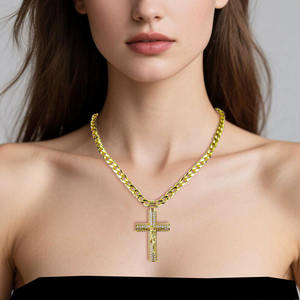 Collar Crucifijo Unisex, Joyería Religiosa Hip Hop, Regalo, Colgante Cristiano de Latón Chapado en Oro, Cruz de Jesús con Circones, Cadena <span class=keywords><strong>Cubana</strong></span> - Product Image 5
