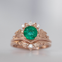 Bague en or rose 14 carats plaqué or rose, motif feuilles, inspirée de la nature, bague de fiançailles fantaisie, bague de fiançailles en or rose émeraude