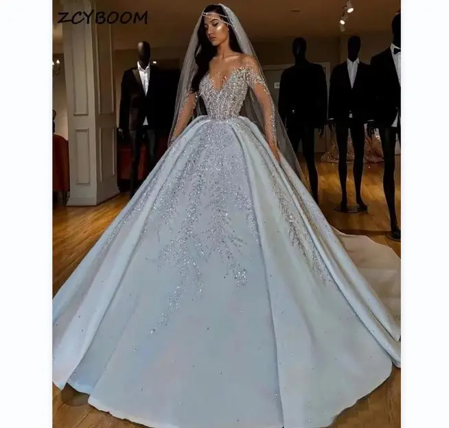 جديد فستان الزفاف الافريكاإلى التجارة الخارجية نسيج العروس الفرنسية عالية الخصر مطرز قطار فستان الزفاف