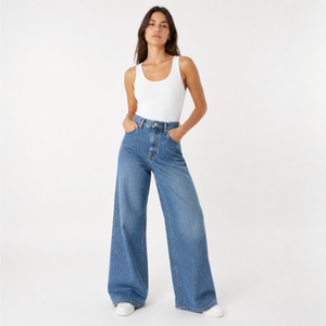 Jean en denim taille haute à jambe large pour femme, coupe ample, longueur intégrale, en coton délavé, style décontracté printemps - Product Image 3