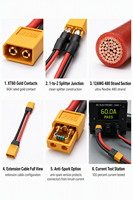 كابل توصيل XT60 مع سلك سيليكون 12AWG مطلي بالذهب، تيار عالي 60 أمبير، 4x XT30 ذكر، 600 فولت، طول قابل للتخصيص
