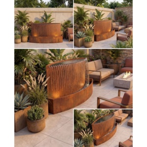 Fuente de agua curva de acero corten H100 x W210 x D70 cm con iluminación LED para jardines, hoteles y villas al aire libre - Product Image 3