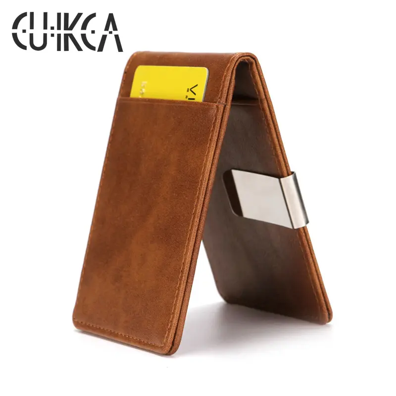CUIKCA PU Leather Brand Wallets Universal Designer Stainless Steel Metal Clip Wallets ID & Credit Card Holder Money Clip Purse