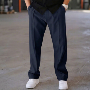 Pantalon décontracté pour homme en toile bleu marine, coupe droite, tissu extensible, fermeture à cordon, poids moyen - Product Image 1