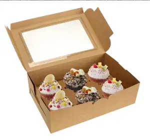 Caja de panadería de papel marrón Kraft con estampado de 6 tazas de capacidad para cupcakes contenedor de inserción de ventana de inserción galletas de repostería postres golosinas