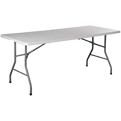 โต๊ะพับขาเหล็กเคลือบผงขนาด180ซม. โต๊ะพับได้ทำจากพลาสติก HDPE สำหรับงานเลี้ยงบาร์บีคิวกลางแจ้ง6FT แบบพกพา