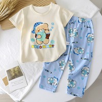 Vente en gros de lots de 2 ensembles de pyjamas pour enfants à manches courtes, été automne, nouvelle arrivée, pur coton, rayures animales, dessins animés, garçons filles