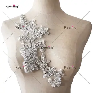 WDPE-056 Keering Silver Clear Beaded Patch Hand make Padded Rhinestones Flower Sew On Applique For Diy Cloth