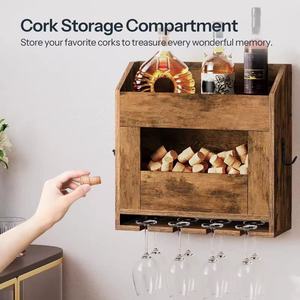 Estante de vino de madera para montar en la pared con almacenamiento para corchos y soporte para copas para uso doméstico - Product Image 1