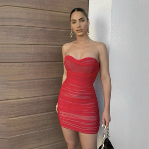 A buon mercato all'ingrosso moda maglia fasciante tessuto da donna plissettato abito Sexy avvolgente petto Mini <span class=keywords><strong>abiti</strong></span> da sera - Product Image 6