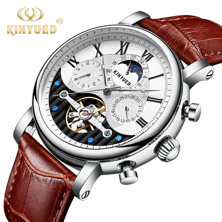 KINYUED New Silver Case Moon Phase Clock Movement Genuine Crocodile Watch Strap Water Resistant Watch