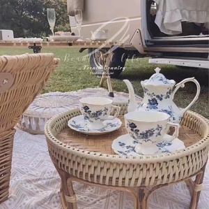 Pháp phong cách <span class=keywords><strong>2</strong></span> ly cà phê và đĩa đặt handmade sứ tiếng anh màu xanh hoa ấm trà đặt cà phê tách trà Bộ quà tặng - Product Image 3