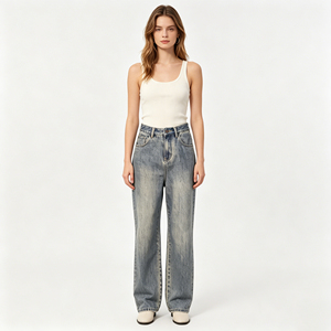 Jean décontracté pour <span class=keywords><strong>femme</strong></span>, coupe droite large, longueur intégrale, en denim bleu délavé, respirant et lavable, idéal pour l'été - Product Image 1