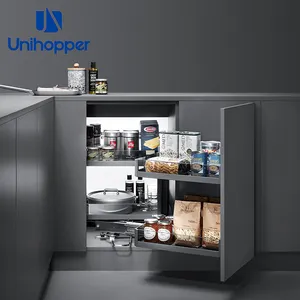 Unihopper อลูมิเนียมฐานห้องครัวLazy Susan Pantry Organizerตู้แก้วMagicมุมดึงตะกร้า