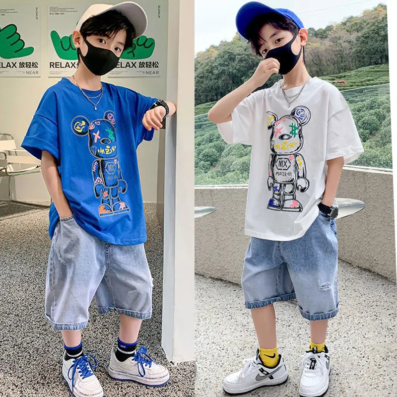 Bé Trai 'Mùa Hè Giản Dị Bộ Trẻ Em Lỏng Lẻo Crew Bear T-Shirts Và Ripped Jeans Quần Short 2-Mảnh Quần Áo