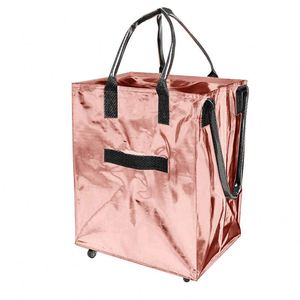 Factory Direct Sales Portable Shopping <b>Bag</b> with Wheels <b>Zipper</b> Closure Two Handles Foldable Polyester Grocery <b>Tote</b> - Product Image 5