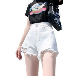 Shorts de mezclilla blancos rasgados de cintura alta con dobladillo deshilachado, corte en A, pierna ancha, asimétricos, estilo Ins, de moda para mujer, para verano - Product Image 5