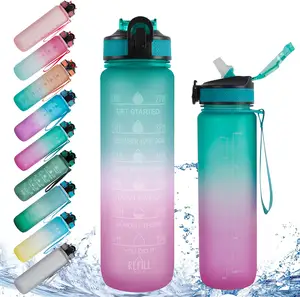 32 oz Plastic Water Bottle with Time Marker Leak-Proof Tritan BPA-Free Enough Water for Fitness Gym