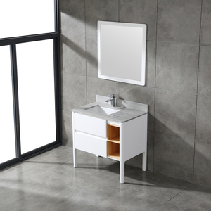 White Modern Solid Wood Bathroom Vanity with White Frame <b>Mirror</b> Grey Stone Top 2 Drawers Side Open Storage Shelves Freestanding - Product Image 2