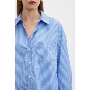 Camisa de Botones con Rayas Azules, Blusa Informal de Popelina para Mujer, Estilo Diario, Diseño Sencillo - Product Image 4
