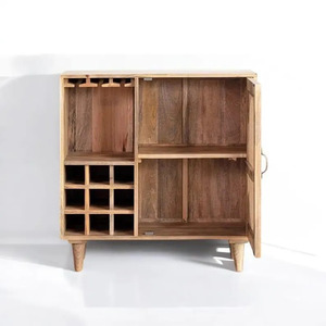 Meuble bar moderne en bois de manguier massif avec porte en rotin et rangement pour vin, design autoportant, dimensions 90 x 40 x 90 cm - Product Image 5