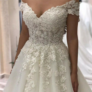 Off-the-Shoulder Wedding Dress With <b>Lace</b> Floral Mesh Train Ball Gown <b>White</b> Sweetheart Neckline Natural Waistline JM033 - Product Image 2