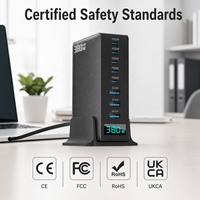 Station de charge GaN 380W pour bureau, 8 ports, alimentation intelligente 5C3A, affichage LED en temps réel, support antidérapant, pour bureau de jeu