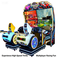 Simulateur de conduite de course d'arcade à 4 écrans multi-vues pour 2 joueurs 'Overspeed Racing' avec sièges à mouvement, monnayeur, en métal, version anglaise