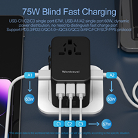 Adaptateur de prise universel international Wontravel EU AUS UK US GAN 75W double USB, adaptateur de voyage multi-prises