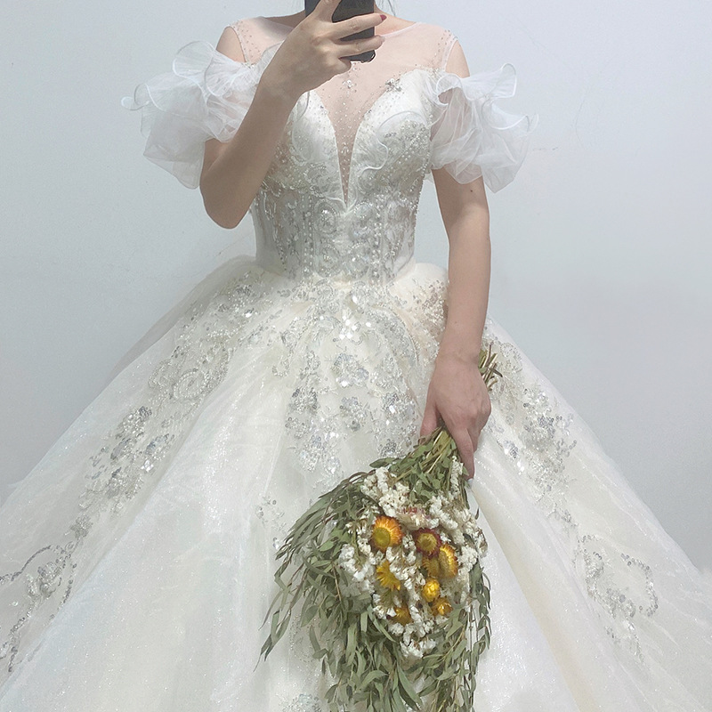 Довольно длинное кружевное свадебное платье большого размера, свадебное платье, винтажное женское модное Повседневное платье с цветочным принтом, Пляжное платье OEM со шлейфом