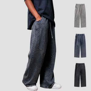 Pantalones deportivos rectos lavados retro informales para hombre, pantalones de pierna ancha de cintura media de algodón 100% con cordón Vintage - Product Image 2