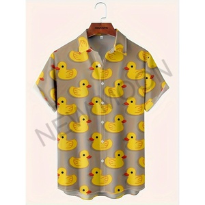 เสื้อฮาวายพิมพ์ลายเป็ดสีเขียวเข้มแบบใหม่ สไตล์ลำลองสำหรับฤดูร้อน ผ้าทอ กระดุมแถวเดียว แขนสั้น ระบายอากาศได้ดี สำหรับผู้ชายและผู้หญิง - Product Image 5
